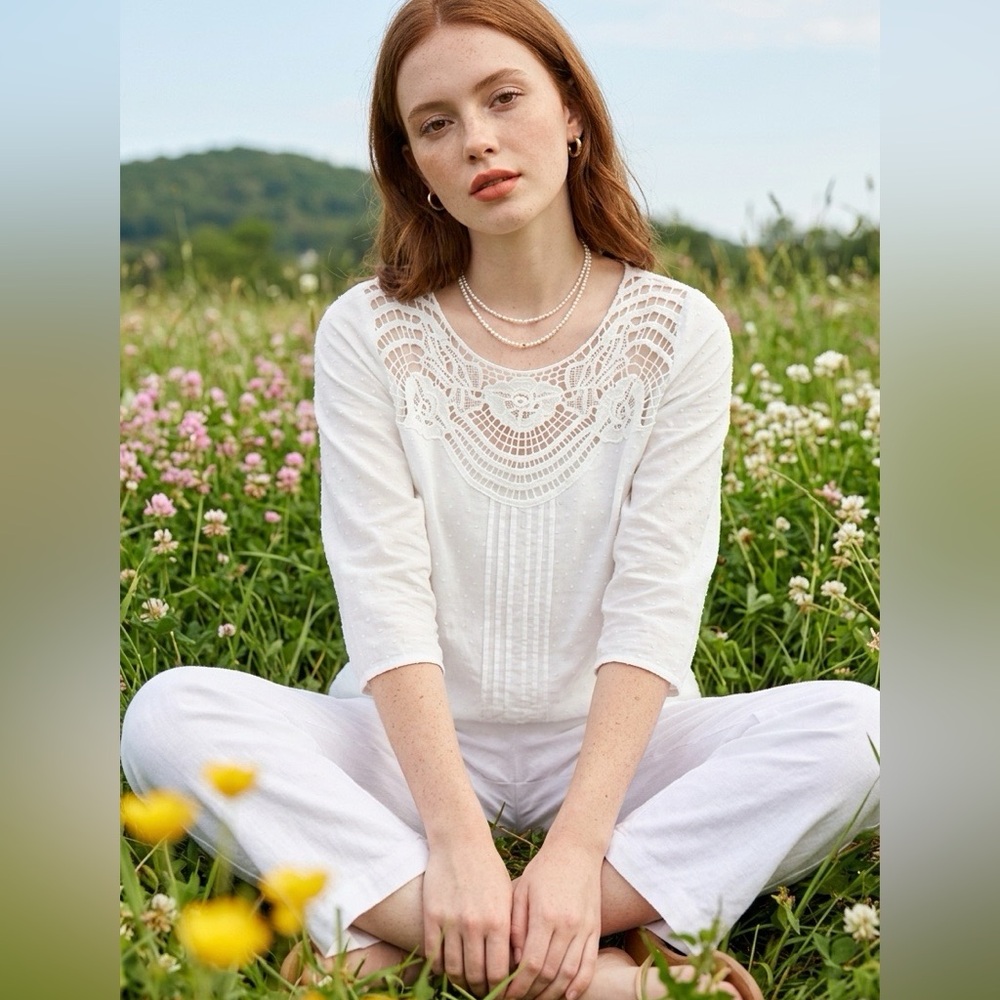 Cklass Y2K Crochet Pin Tuck Swiss Dot Womens Top S Peasant Boho Beachy Coastal